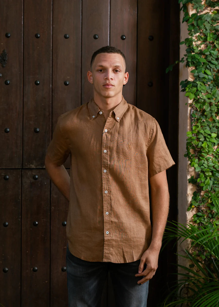 PSYCHO BUNNY CAMISA MANGA CORTA DE LINO ALDINE PARA CABALLERO HOMBRE BEIGE B6Q679C200201