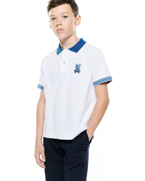 CAMISETA TIPO POLO PSYCHO BUNNY PARA NIÑO COLOR BLANCO