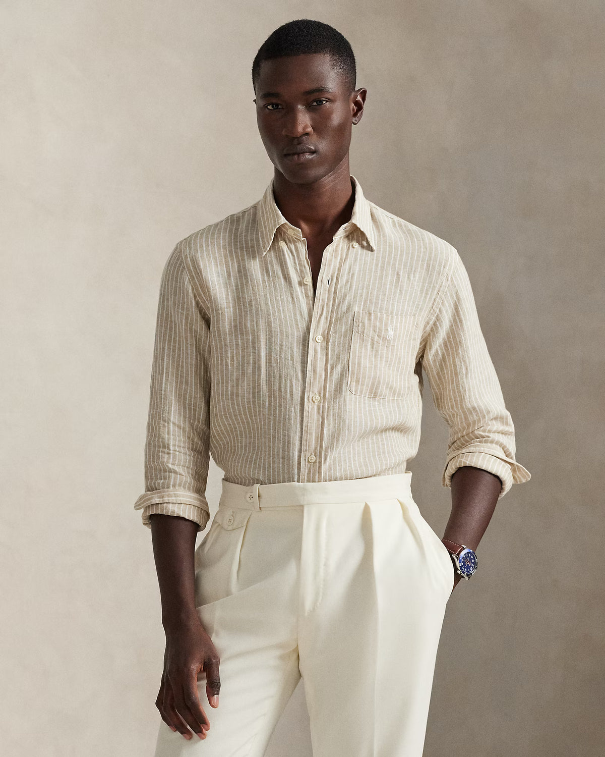 CAMISA M/L RALPH LAUREN HOMBRE 52F COSTAL BEIGE/WHITE 710P07024003