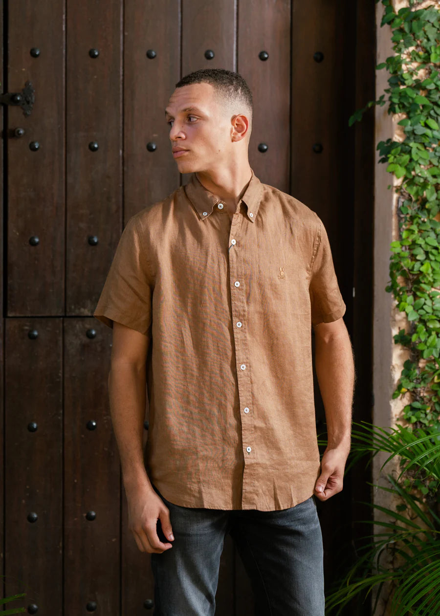 PSYCHO BUNNY CAMISA MANGA CORTA DE LINO ALDINE PARA CABALLERO HOMBRE BEIGE B6Q679C200201